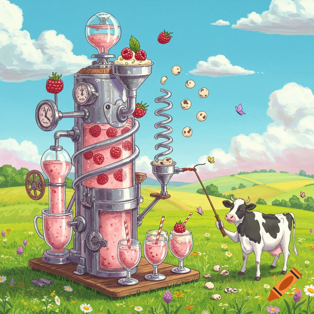 A whimsical machine produces raspberry milkshakes in a vibrant green field under a blue sky, while a cow stands nearby holding a stick.