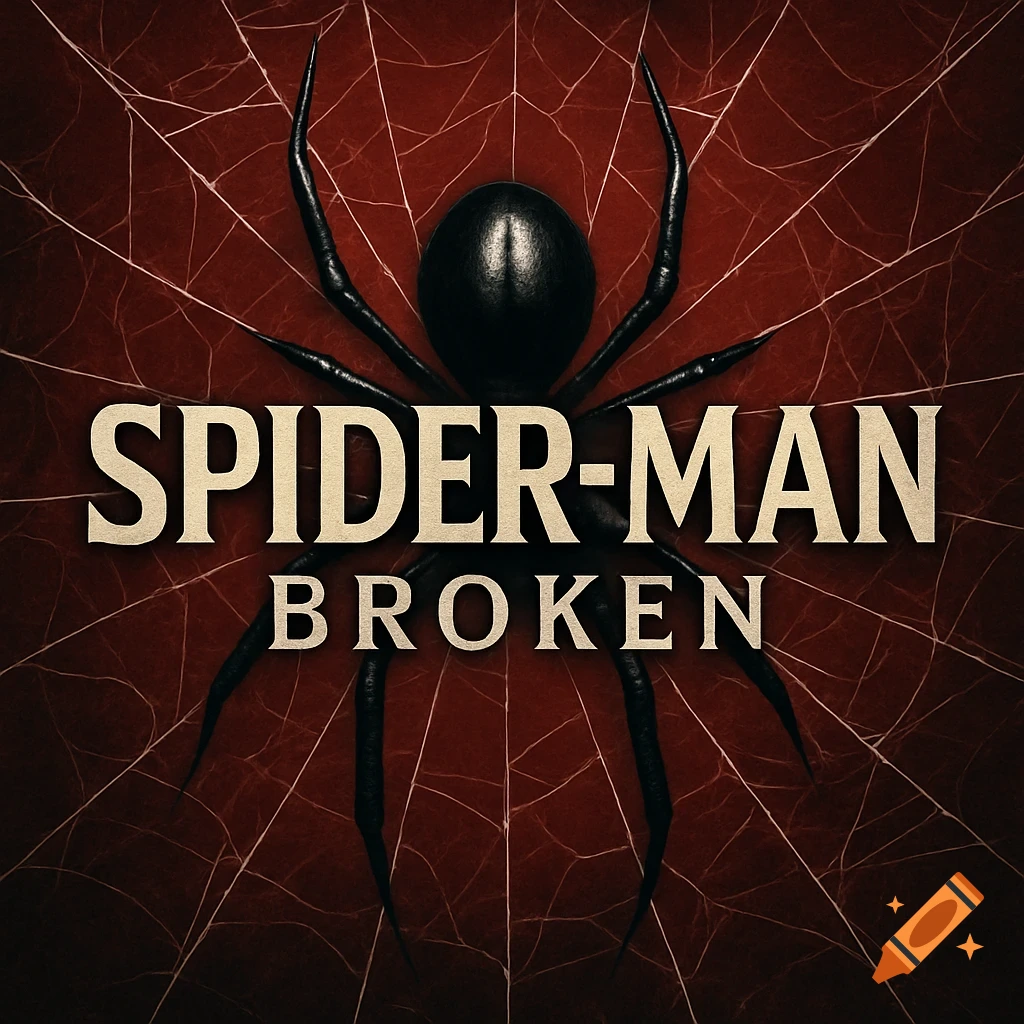 A black spider on a red web background, with the text 'SPIDER-MAN BROKEN' above it, styled as a movie logo.
