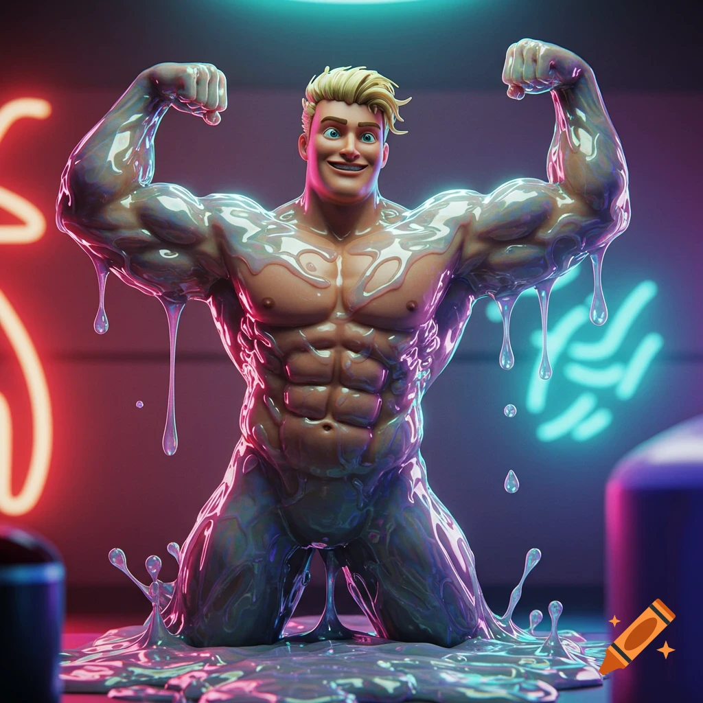 A smiling, muscular blonde man covered in iridescent goo flexes his muscles while kneeling in a dark room with neon lights.