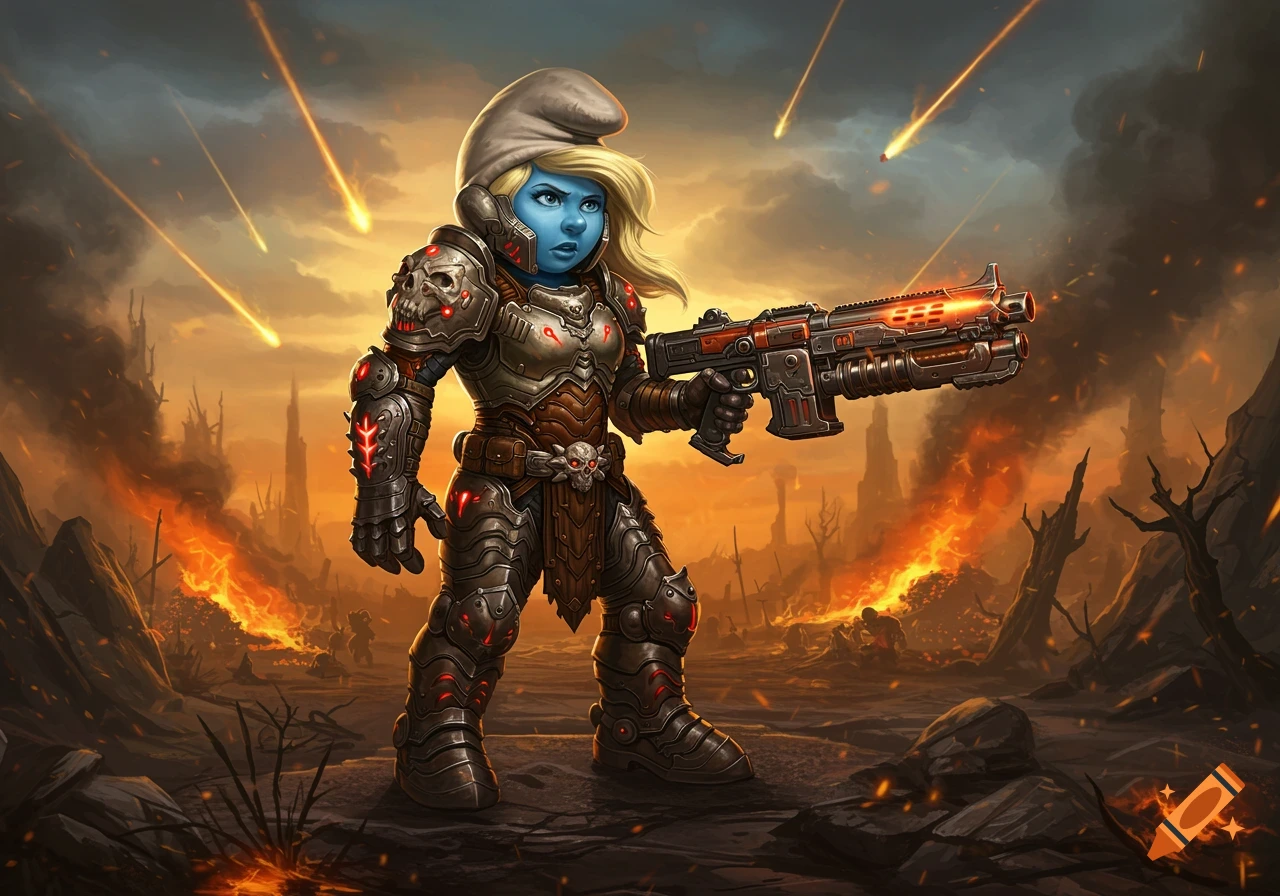 Smurfette in Doom Slayer armor stands in a fiery, war-torn landscape under a sky filled with falling meteors, holding a futuristic rifle.