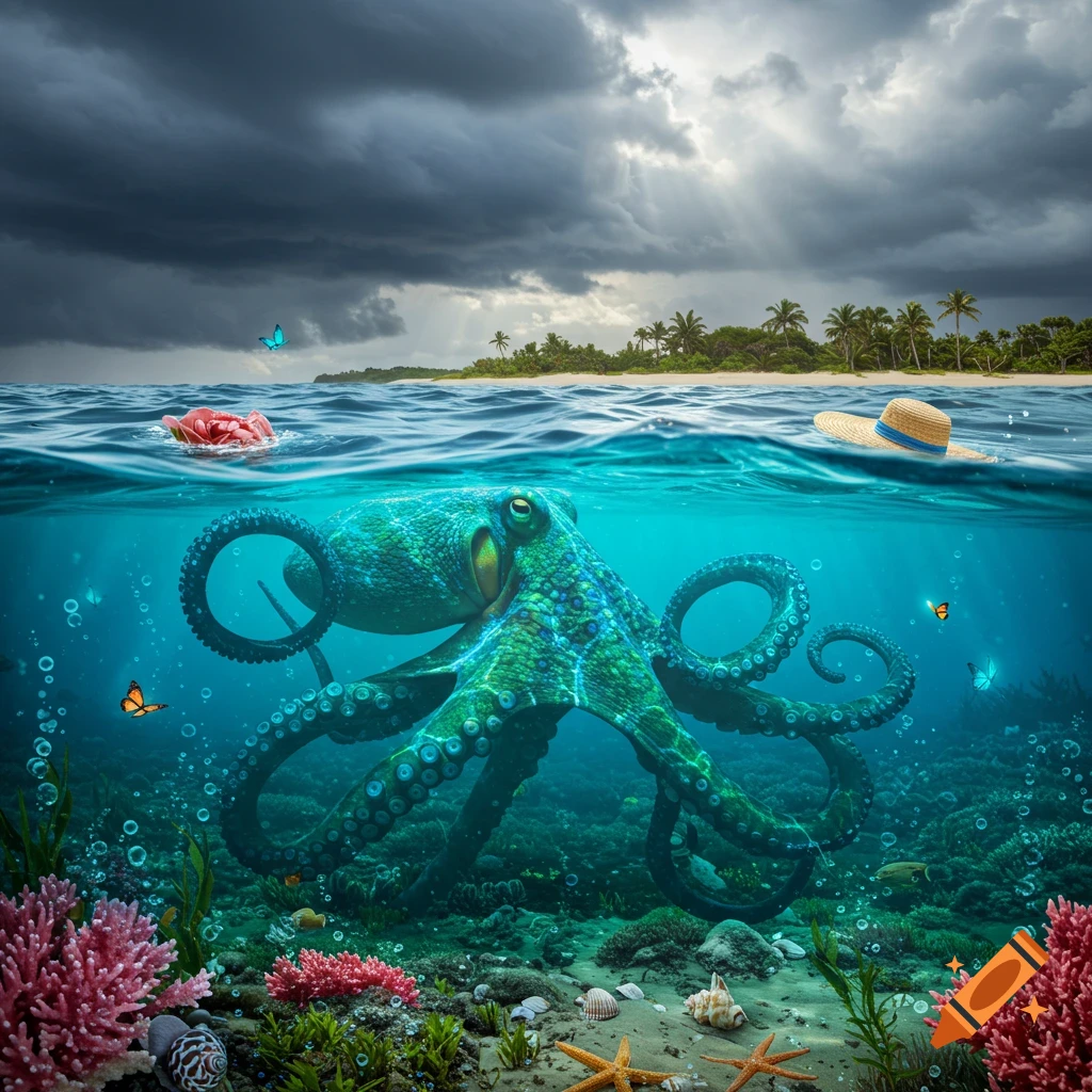 A vibrant green octopus underwater with coral, seashells, and butterflies, an island and stormy sky above.