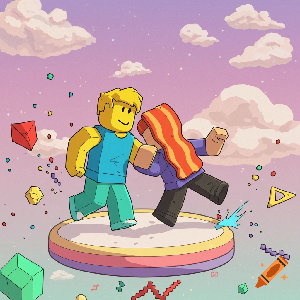 Two Roblox characters, a noob and one with bacon hair, on a colorful circular platform with geometric shapes floating around them.