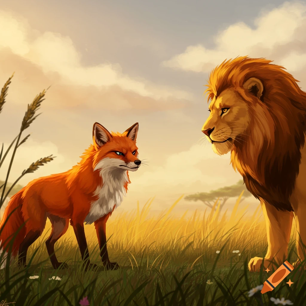 A stylized red fox with an angry expression faces a large lion in a sunlit grassy field.