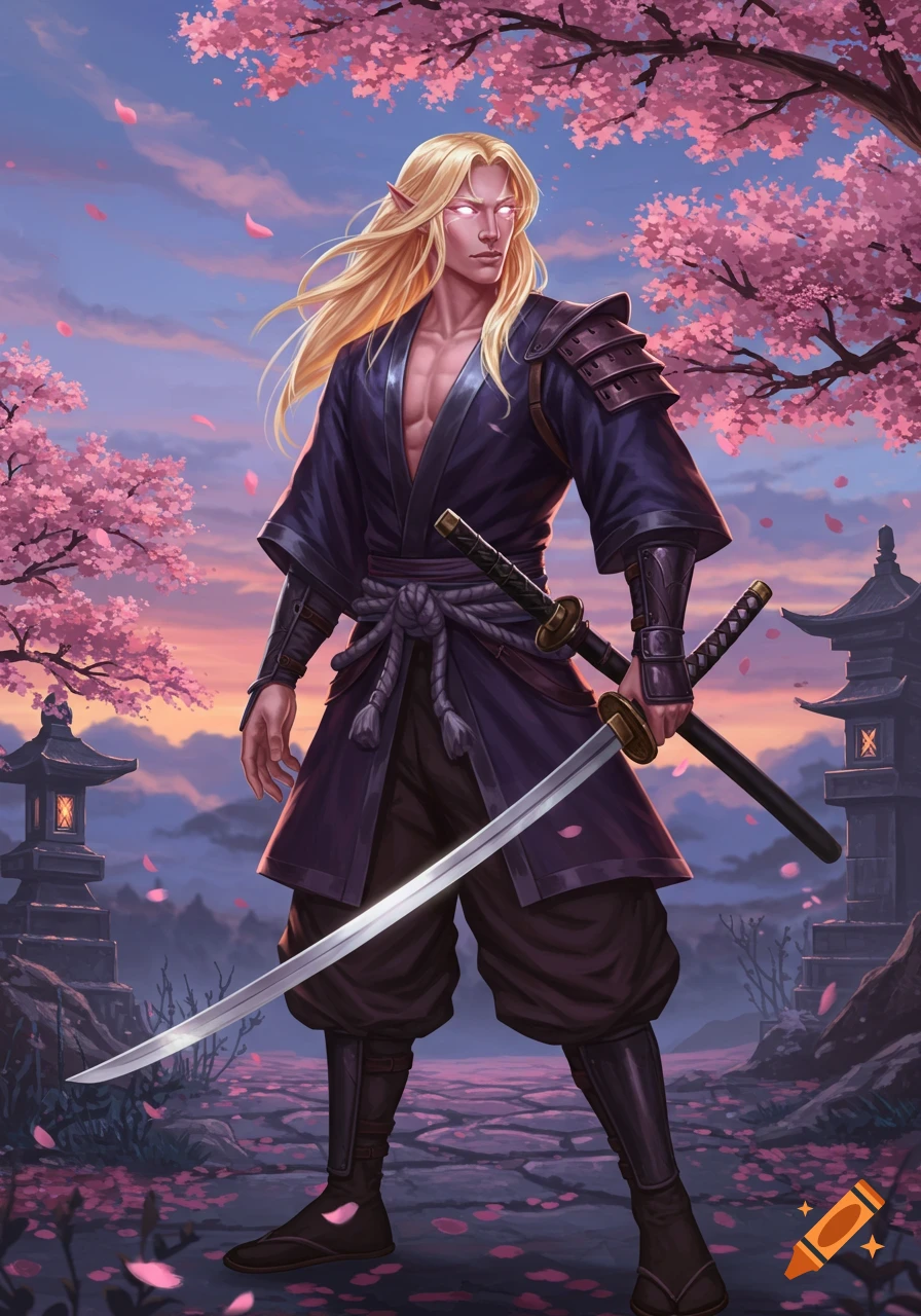 A blonde-haired aasimar in dark samurai robes holds a katana amidst cherry blossoms and pagodas at sunset.
