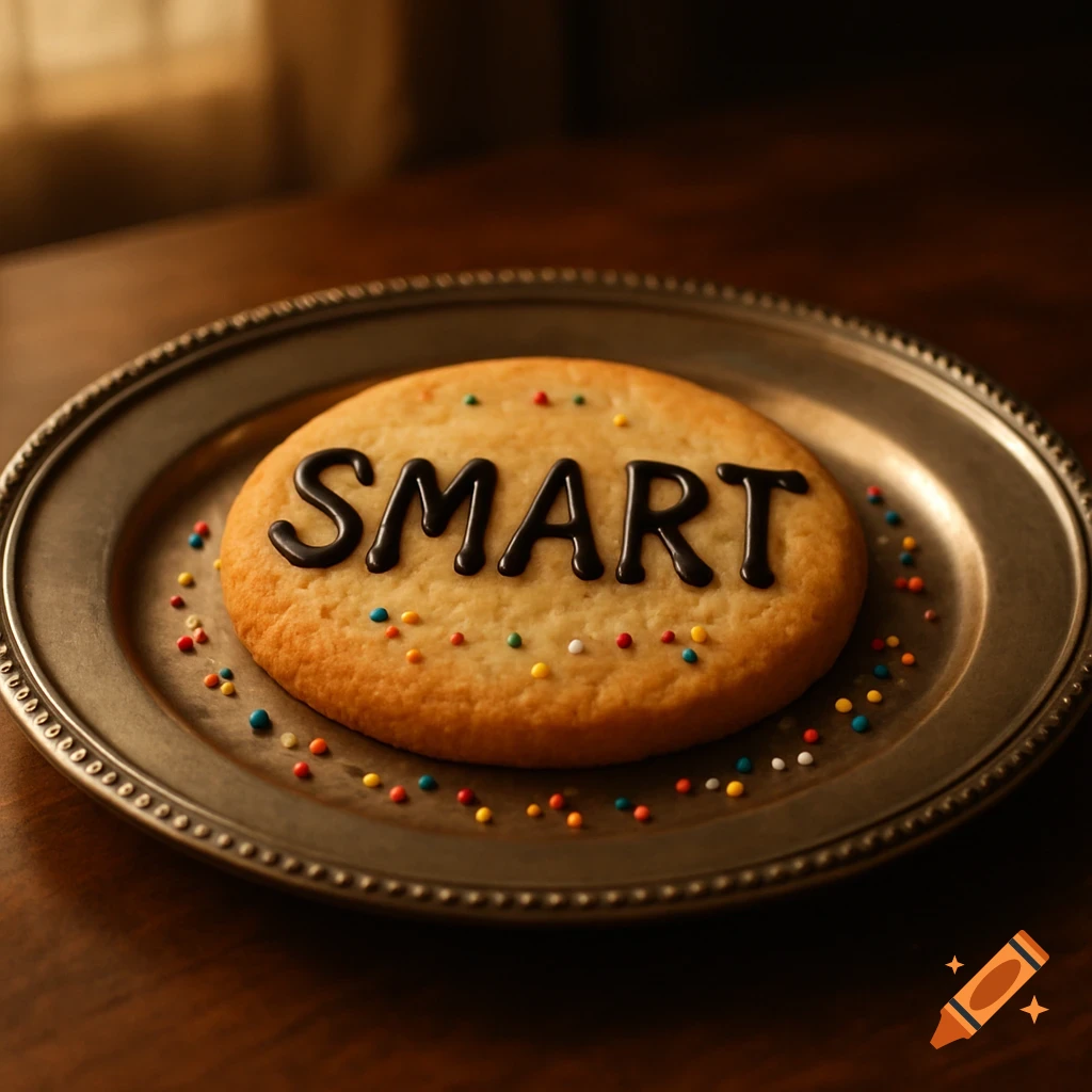 A close-up of a cookie with the word 'SMART' written in dark icing, on a silver plate with colorful sprinkles.