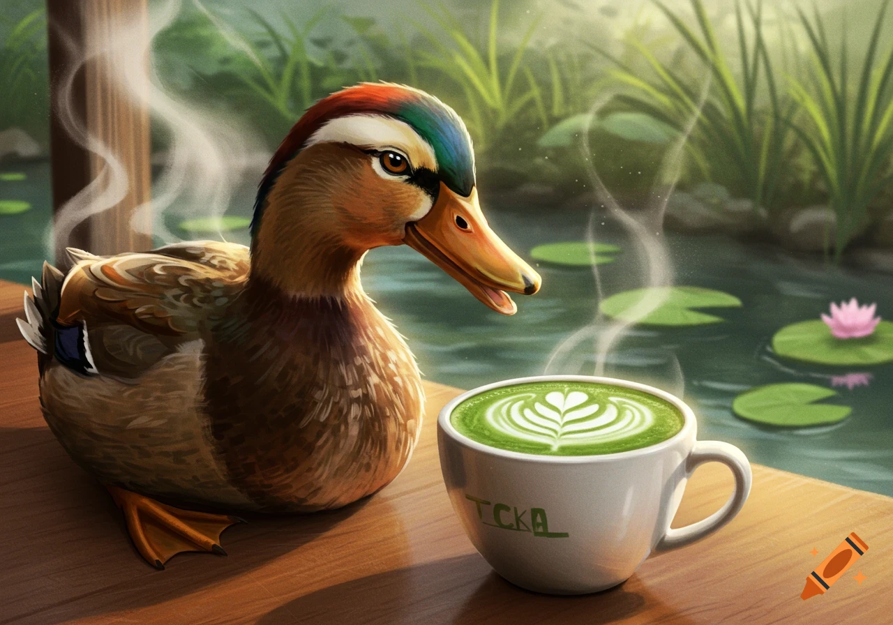 An illustrated duck with colorful feathers sits next to a steaming cup of green matcha latte with a heart design on a wooden surface by a pond.