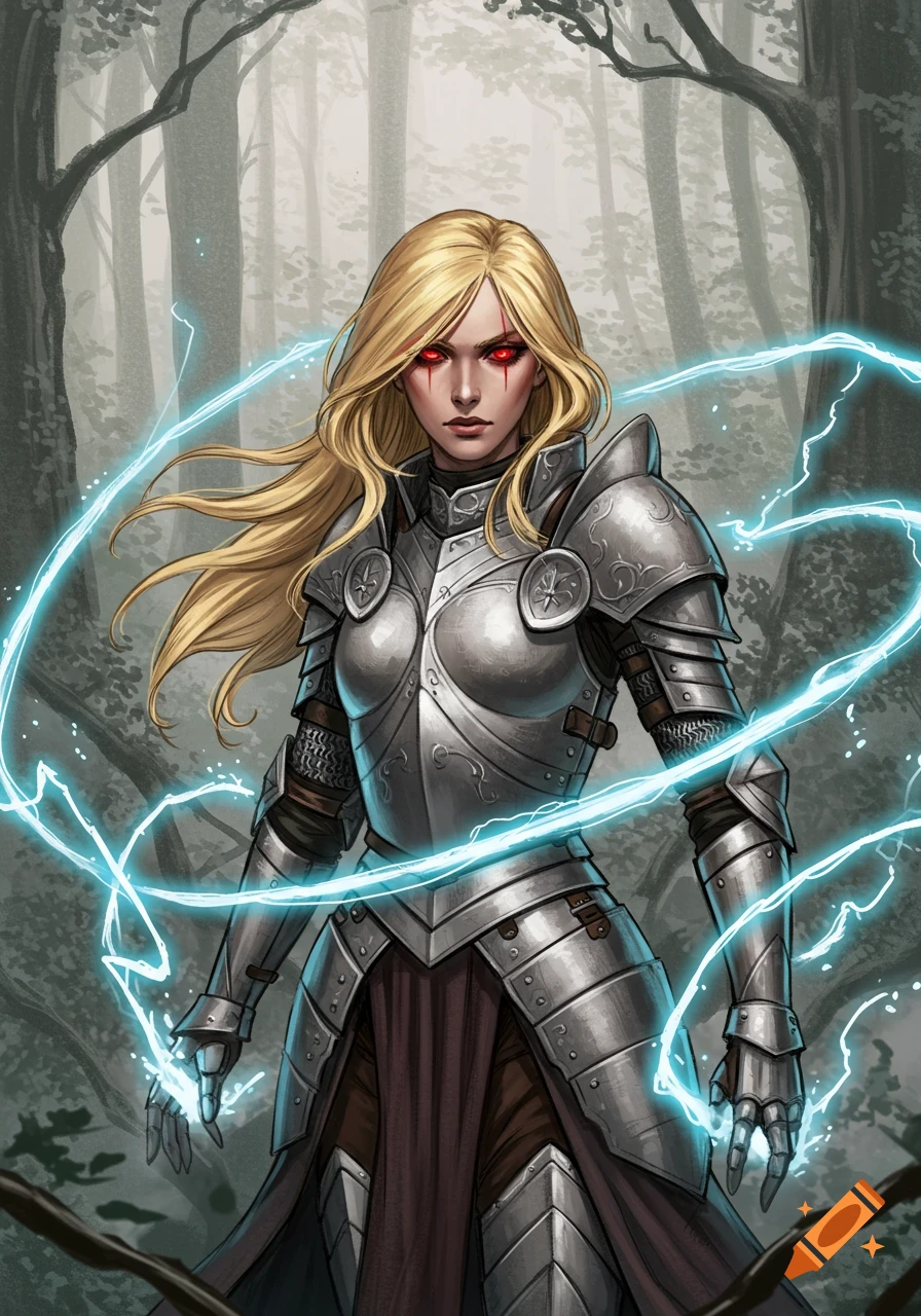 A blonde woman in silver medieval armor with glowing red eyes casts blue lightning magic in a forest.