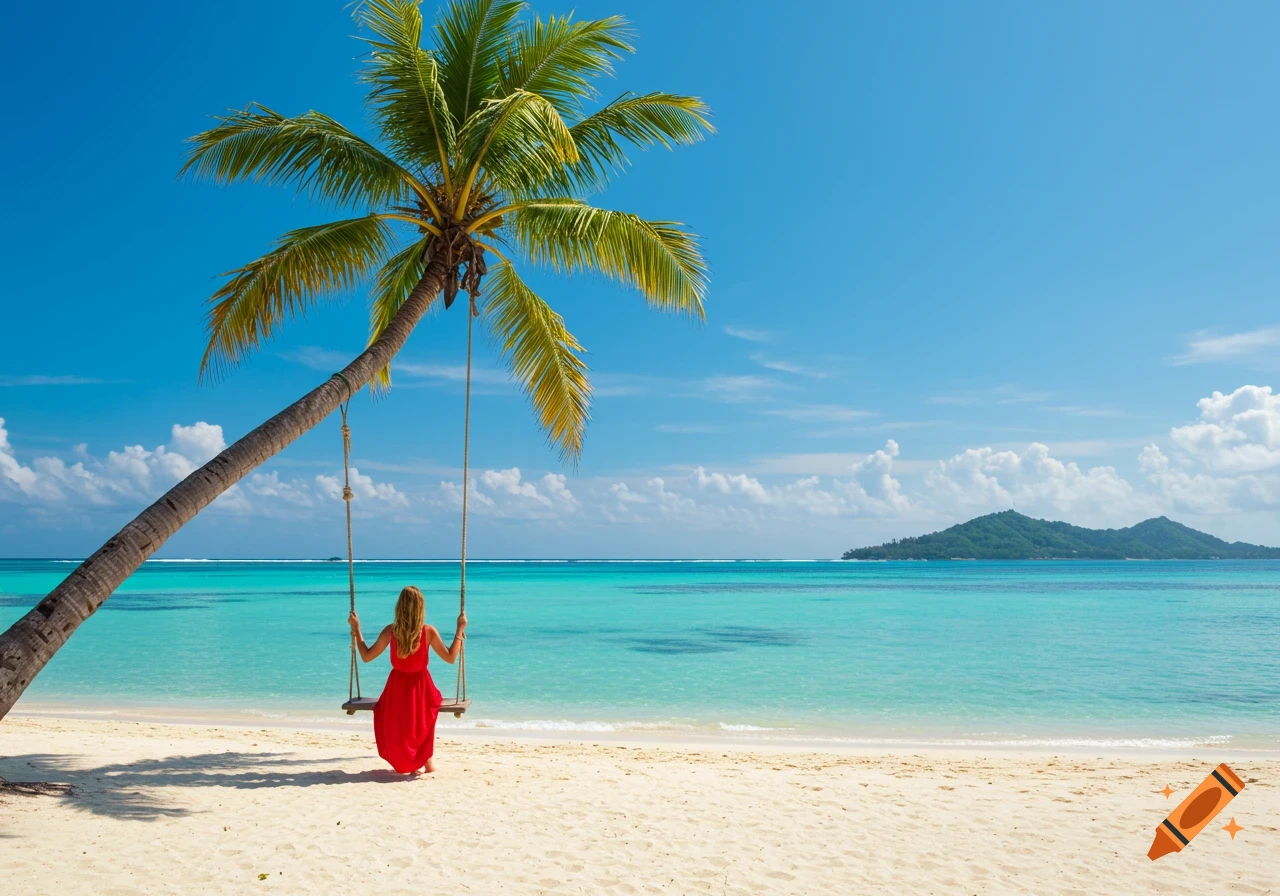 A woman in a red dress swings from a palm tree on a white sand beach overlooking a turquoise ocean with distant islands.