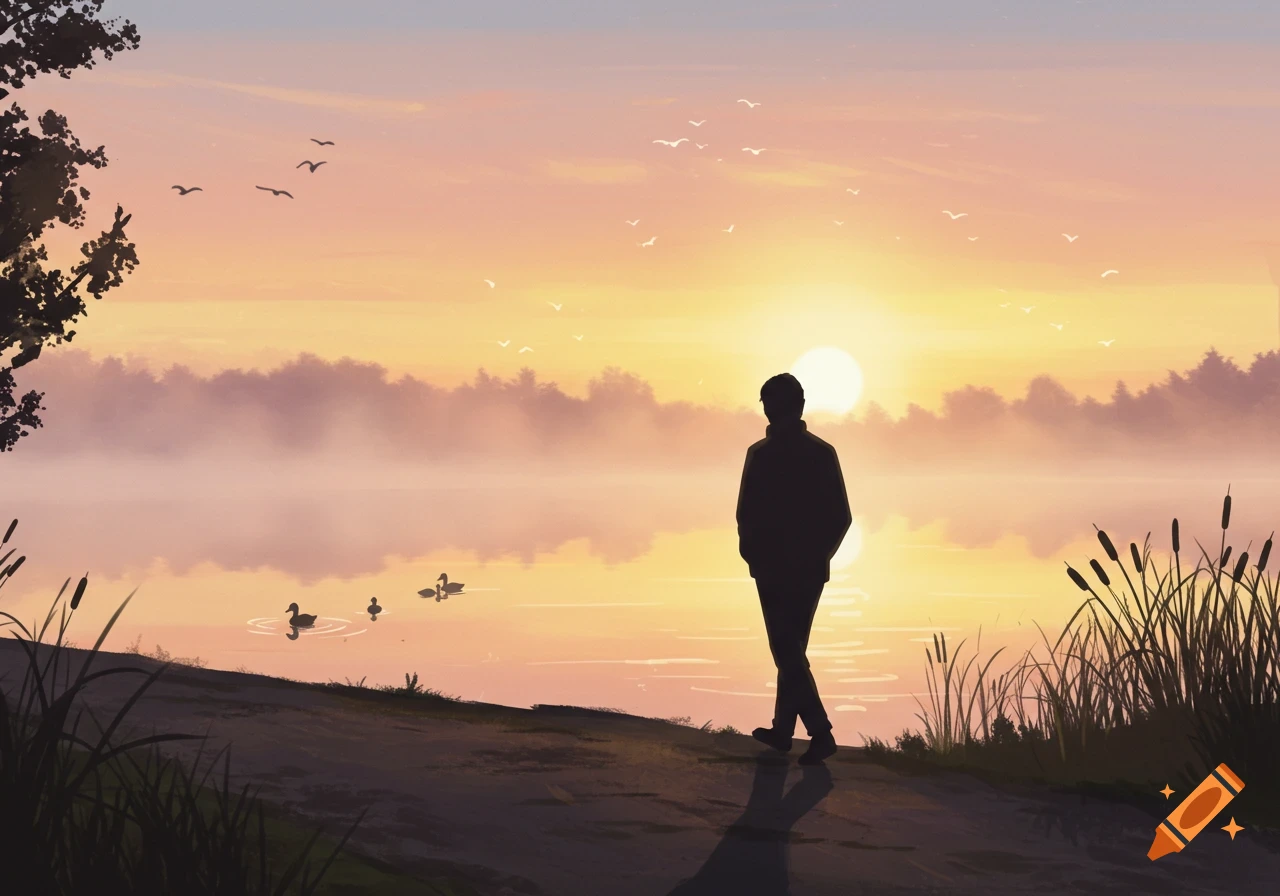 A person's silhouette stands by a misty lake at sunrise, with ducks on the water and birds in the sky.