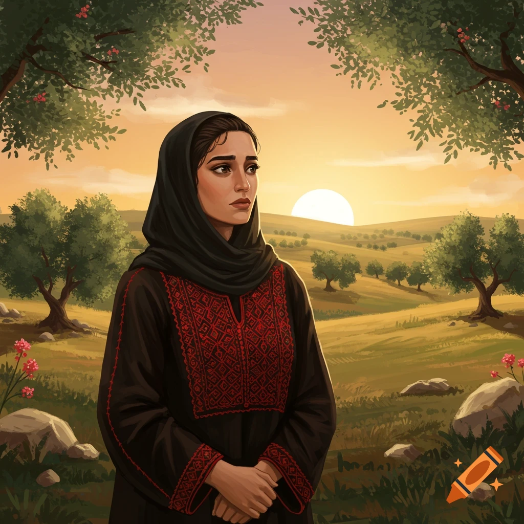A stylized illustration of a woman in a black and red embroidered dress and a headscarf, looking pensively over a rolling, tree-filled landscape at sunset.