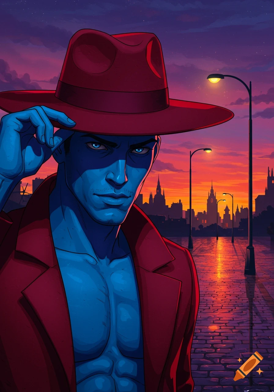 A blue-skinned man in a red fedora and open red coat stands on a street at sunset with city buildings in the background, in a comic art style.