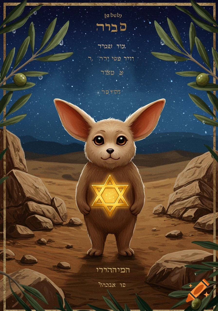 A cute, stylized creature resembling a fennec fox with large ears stands in a desert landscape under a starry night sky. It has a glowing golden Star of David on its chest. Olive branches frame the top.