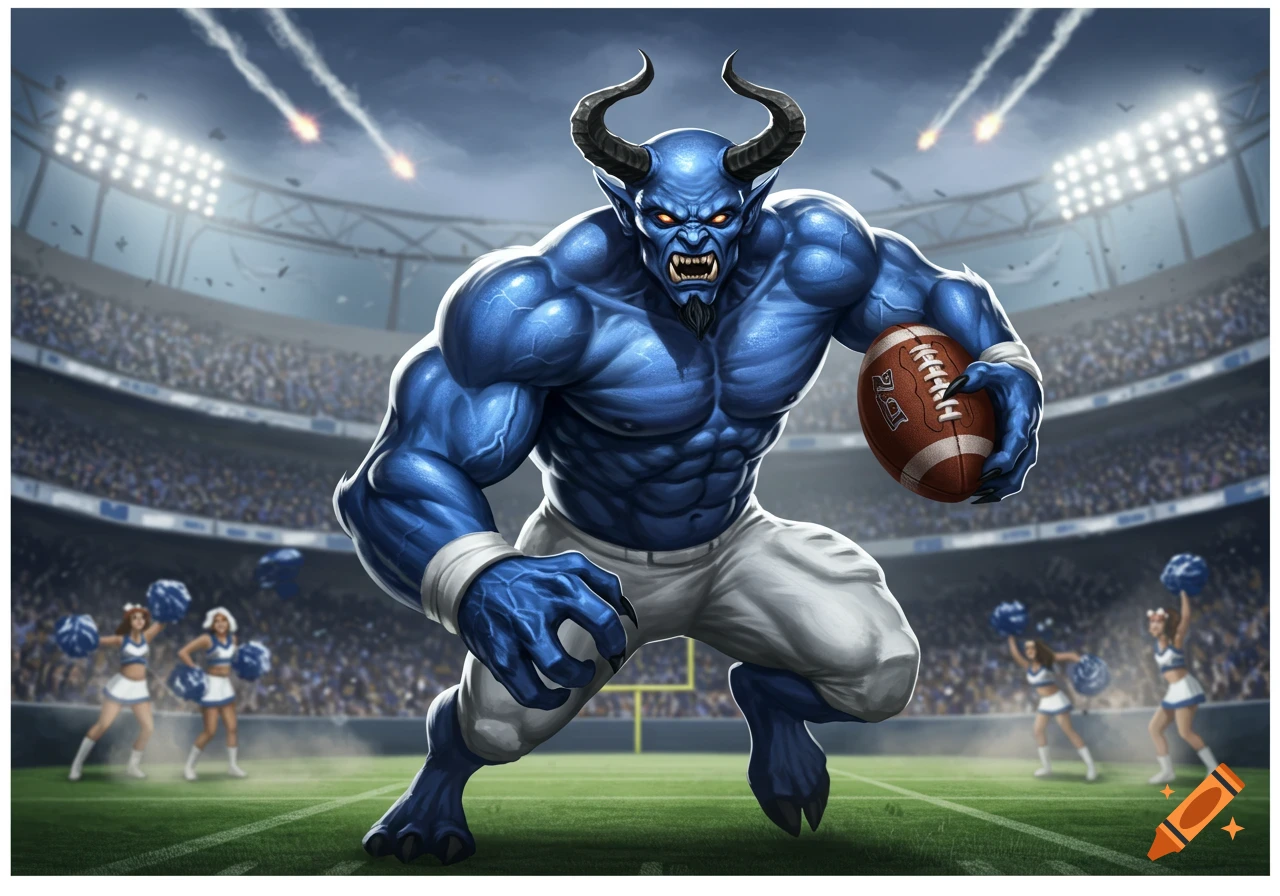 A muscular blue devil-like creature with horns and glowing eyes lunges forward on a football field, holding a football. A stadium and cheerleaders are in the background.
