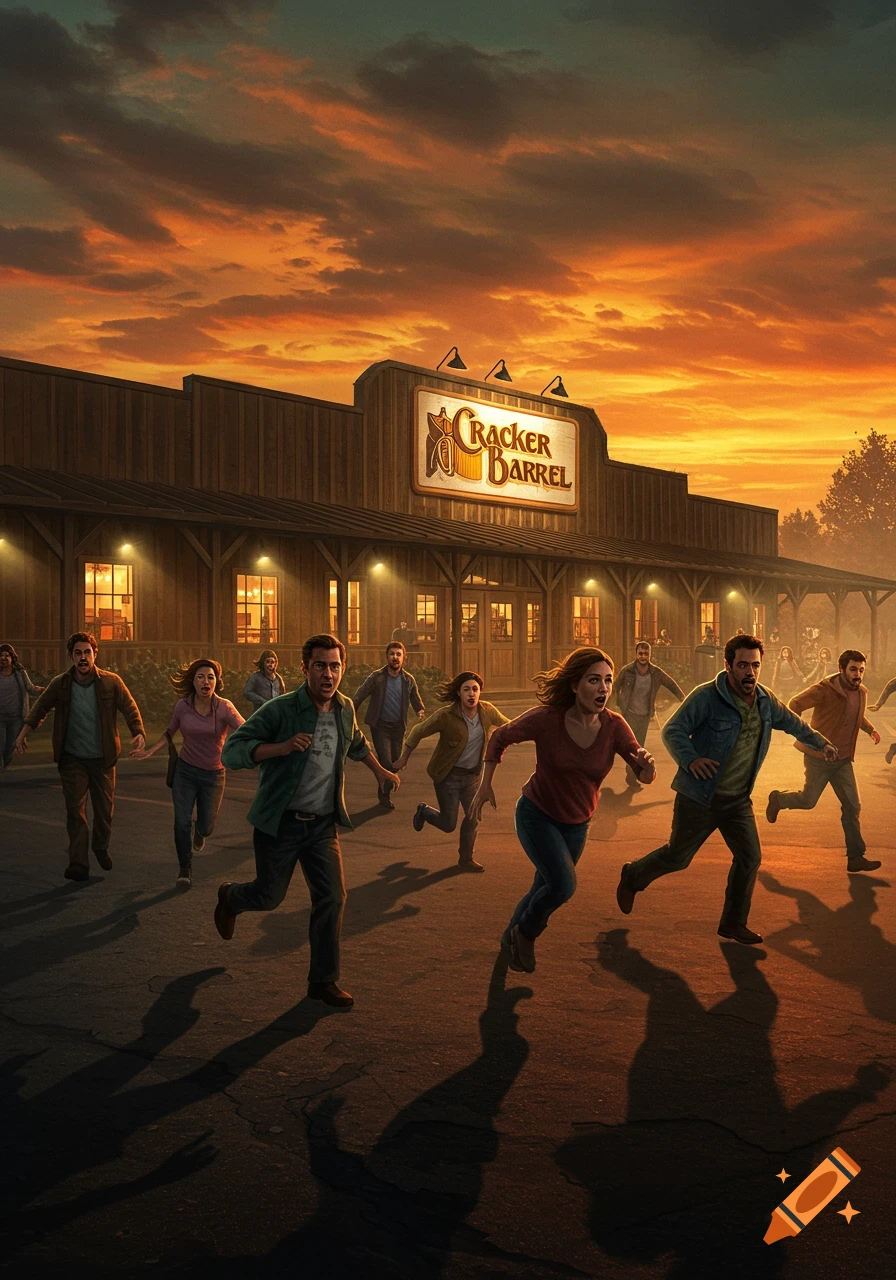 A group of people running in terror away from a Cracker Barrel restaurant at sunset, with an orange and purple sky overhead.