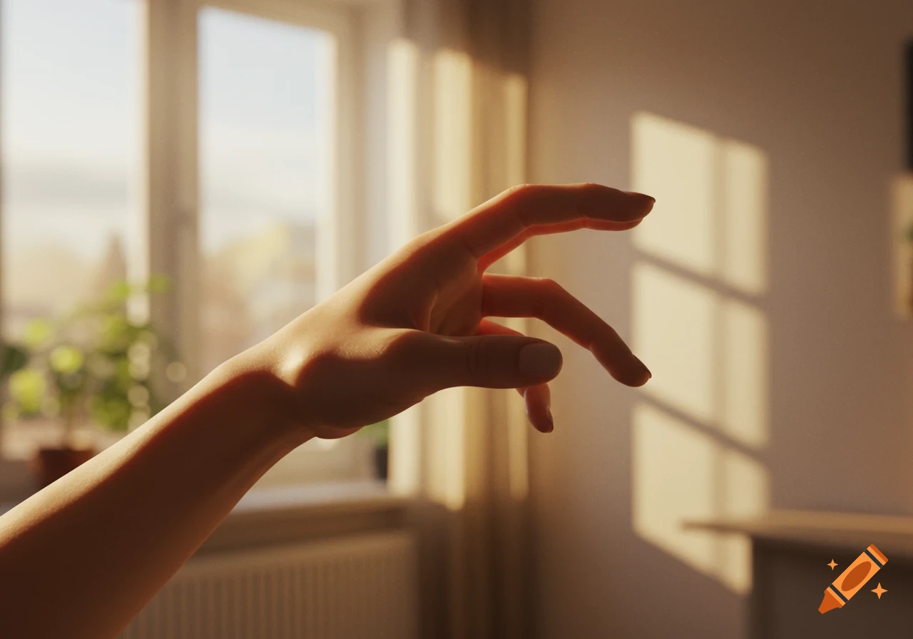A photorealistic close-up of a human hand, silhouetted against a sunlit window, with shadows on the wall.