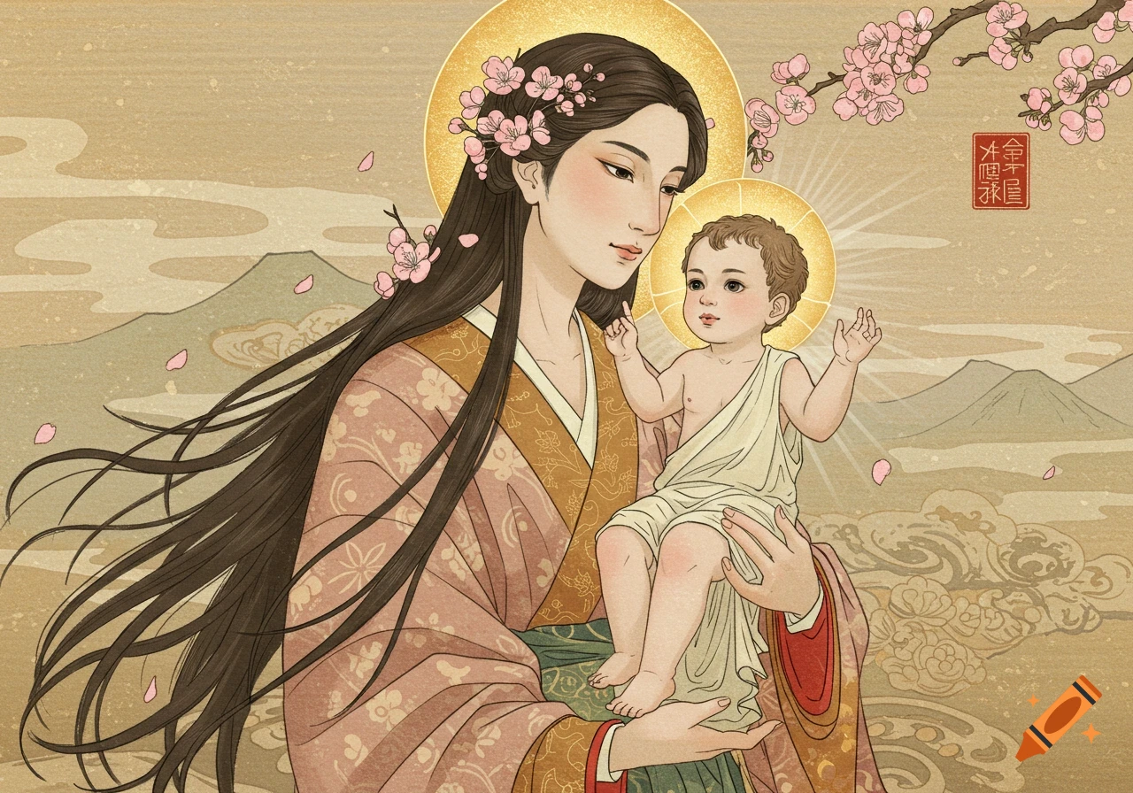 A stylized Japanese painting of a woman with long dark hair, adorned with cherry blossoms, holding a baby with a halo, against a background of mountains and clouds.
