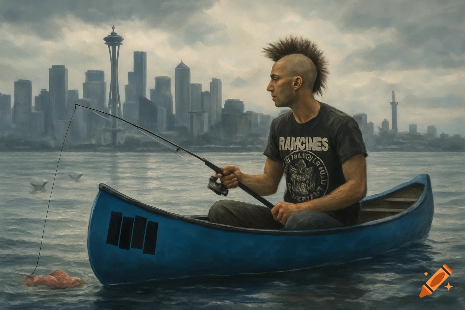 A man with a mohawk in a blue canoe fishes in a bay with the Seattle skyline and Space Needle in the background.