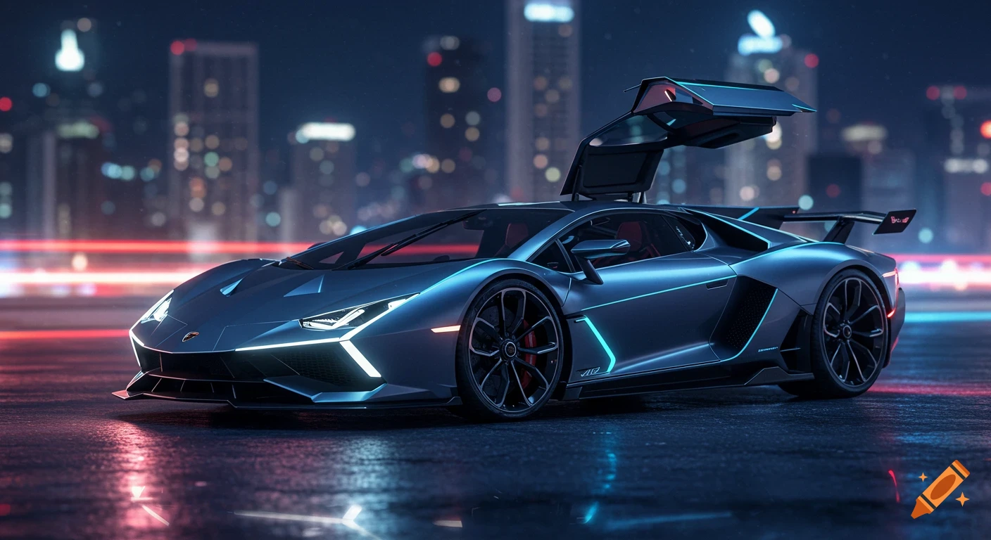 A futuristic blue Lamborghini V12 Vision Gran Turismo with glowing neon accents parked on a wet street in a city at night.