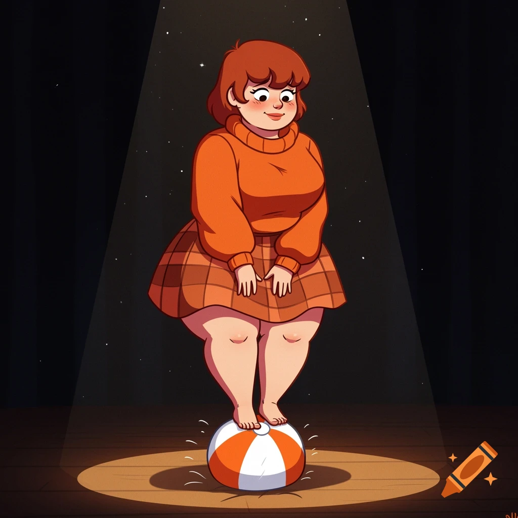 A cartoon woman with red hair in an orange sweater and plaid skirt balances barefoot on an orange and white beach ball in a spotlight on a stage.