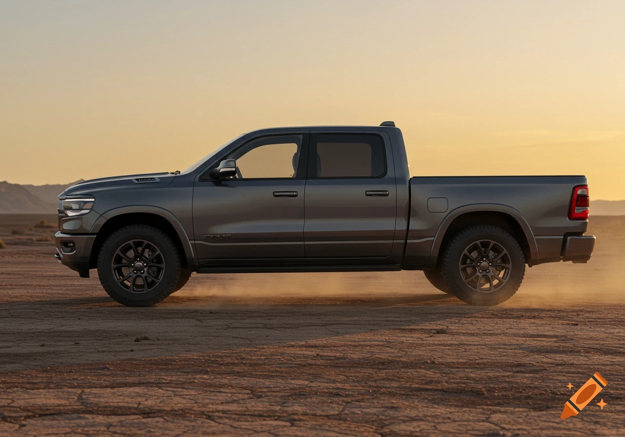 A gray Ram 1500 pickup truck drives on a dirt road at sunset, viewed from the side in a photorealistic style.