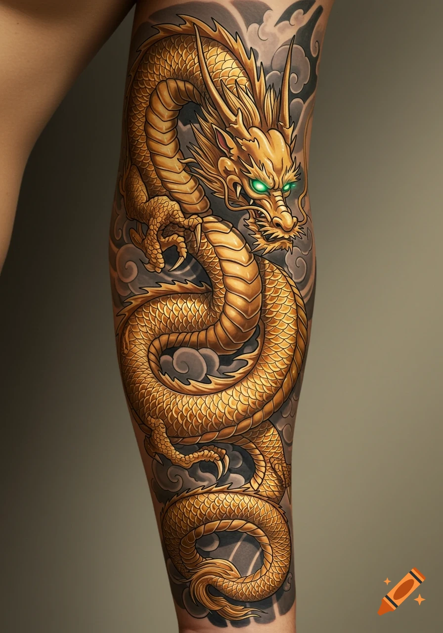 Detailed golden dragon tattoo with glowing green eyes wrapped around a forearm, against a backdrop of grey clouds.