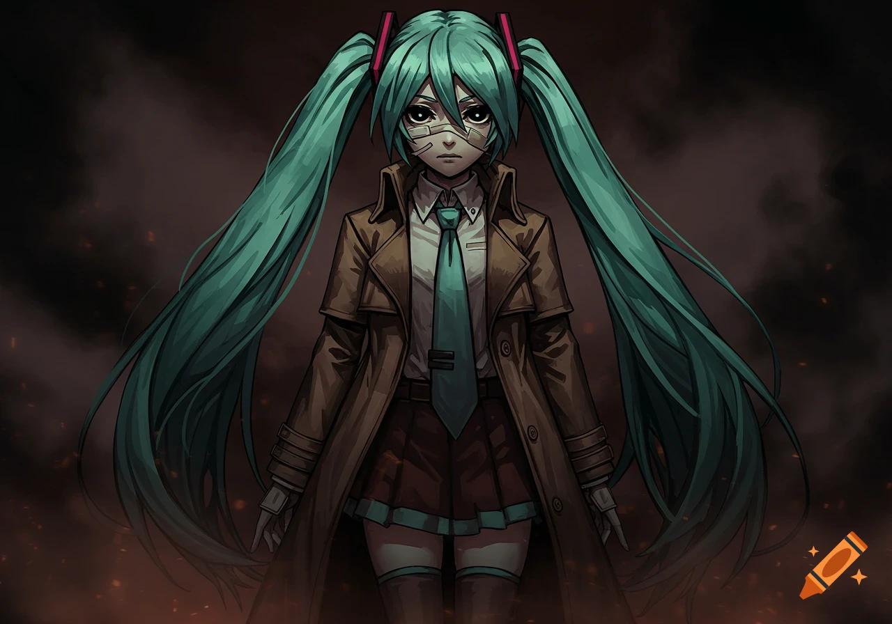 Darkest Dungeon style illustration of Hatsune Miku with turquoise pigtails, bandaged face, wearing a brown trench coat, white shirt, and tie, against a dark background.