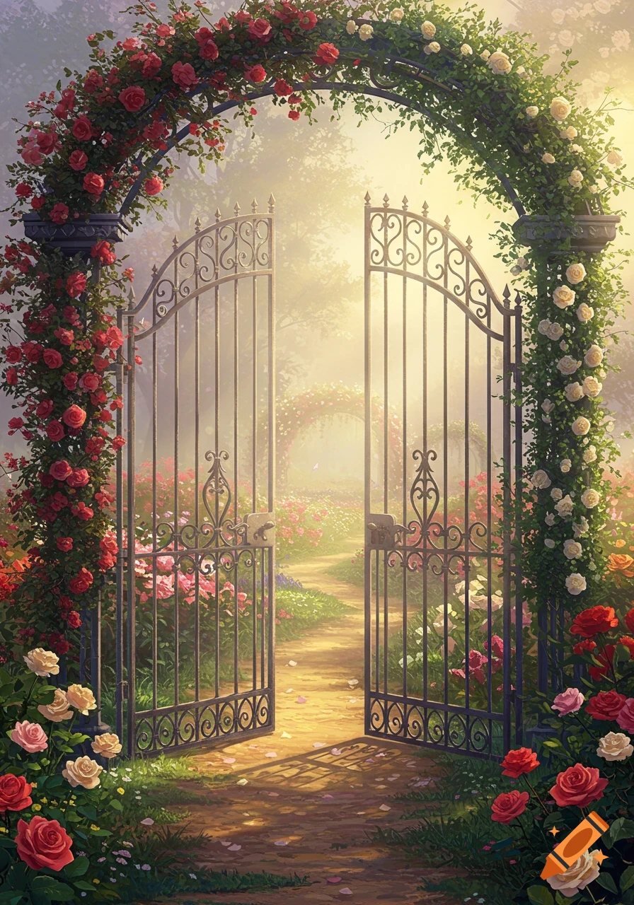 A beautiful garden entrance with an open wrought iron gate and a rose-covered archway, leading to a path through a vibrant flower garden bathed in sunlight.