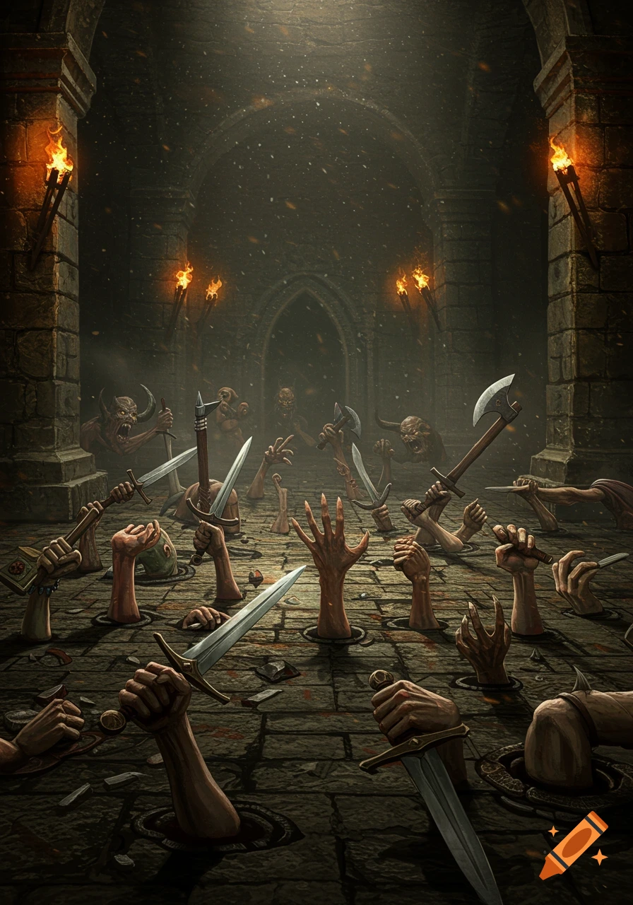 Dark fantasy scene of monstrous hands, arms, and heads emerging from a dungeon floor, holding weapons, lit by torches.