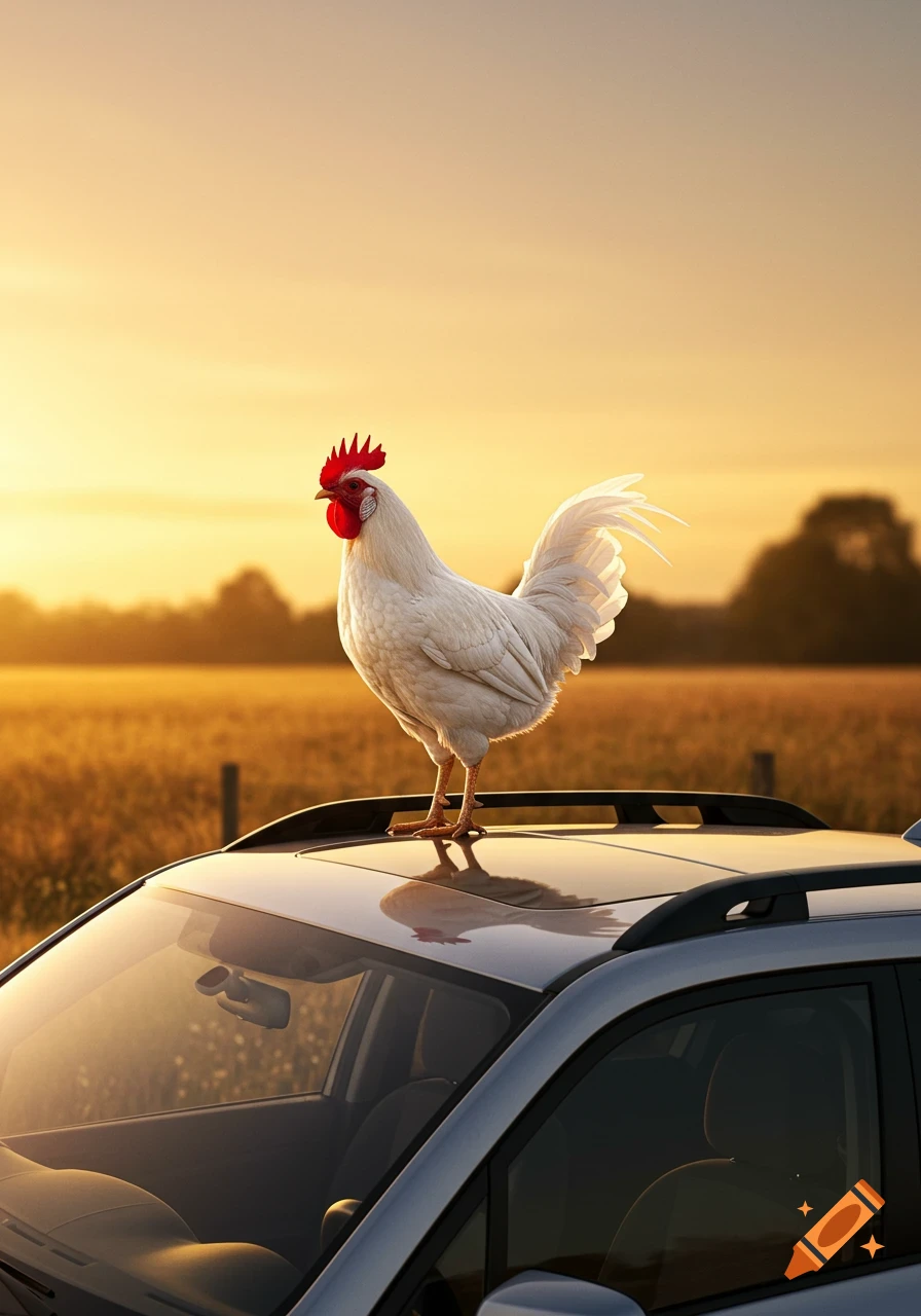 A white rooster with a red comb stands on the roof of a silver Subaru Forester in a golden field at sunset.