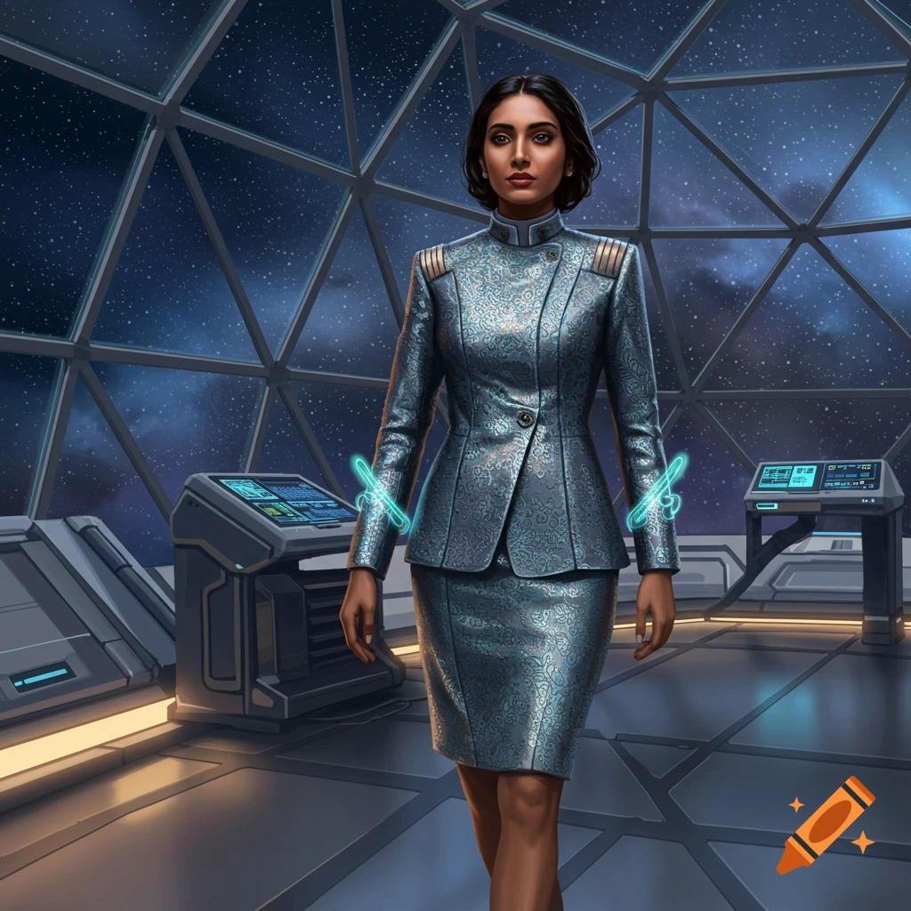 A woman in a detailed blue futuristic uniform with glowing wristbands stands in a space station with large windows showing stars.