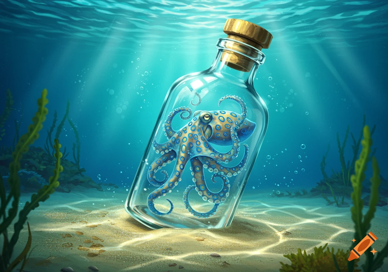 A detailed illustration of a blue-ringed octopus in a glass bottle on the ocean floor.