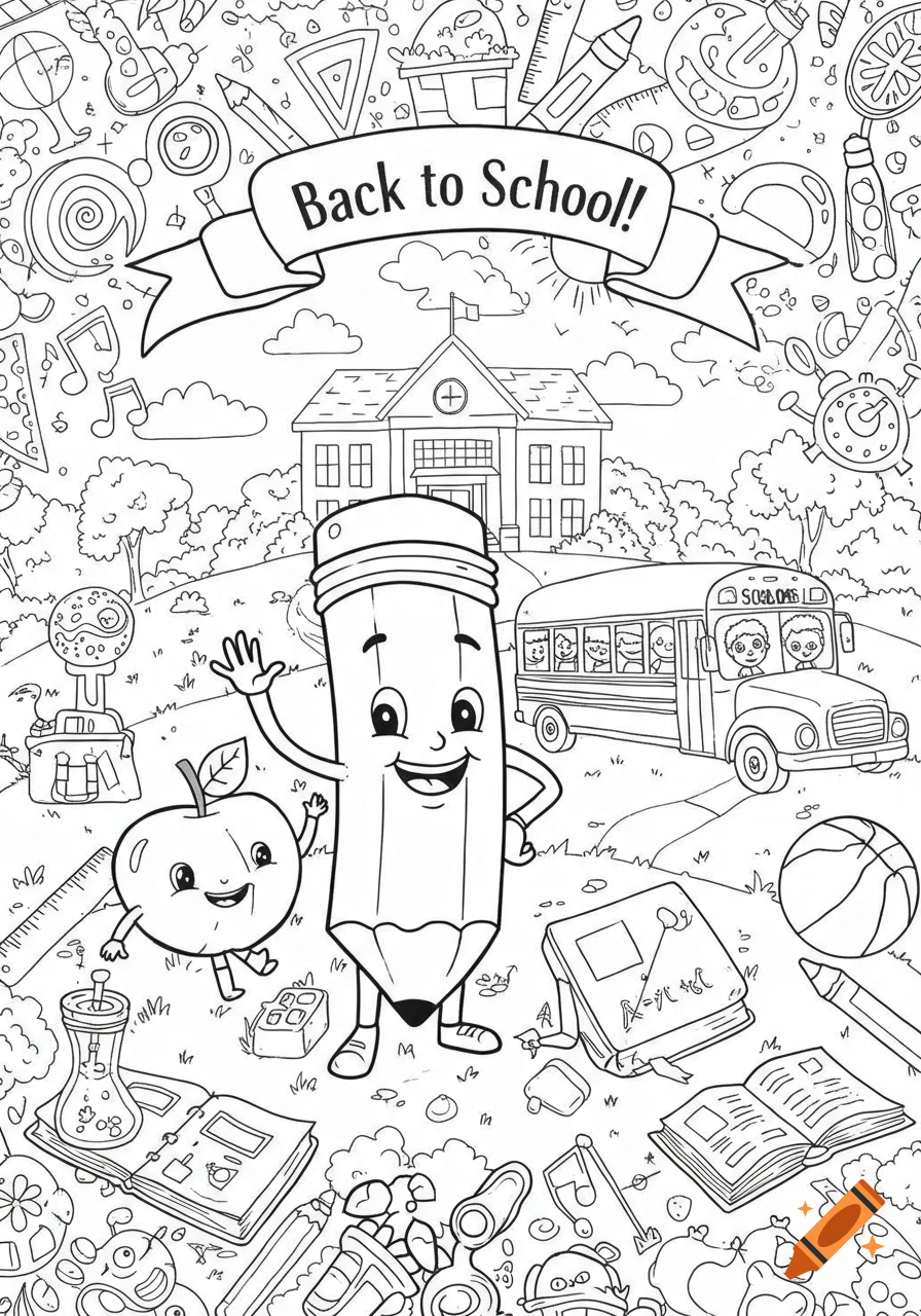 A black and white line art coloring page for "Back to School" with a happy pencil, apple, school, and school bus, surrounded by various school supplies.