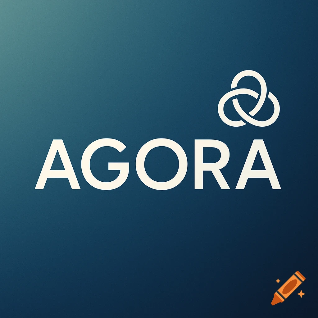 White text 'AGORA' with a knotted symbol on a dark blue gradient background.
