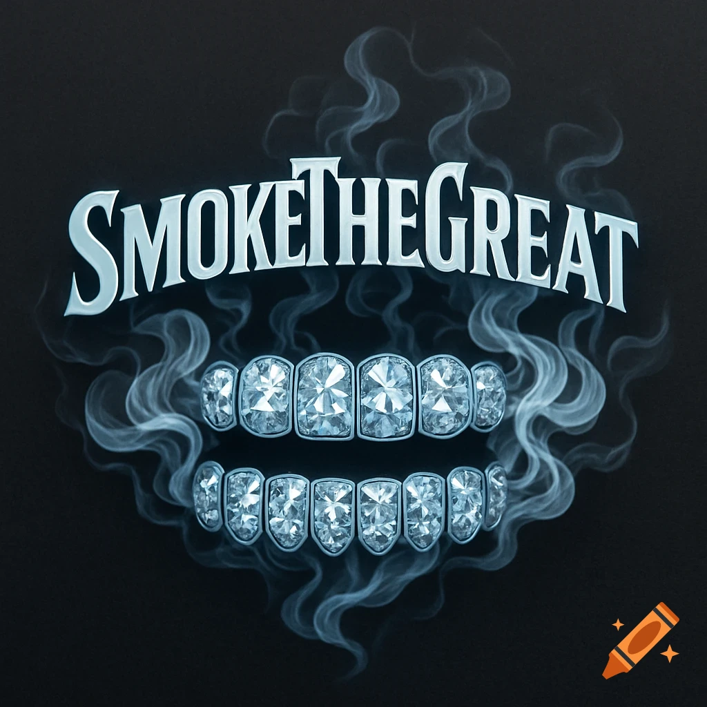 A logo with 'SMOKETHEGREAT' text above diamond grillz, surrounded by smoke on a black background.