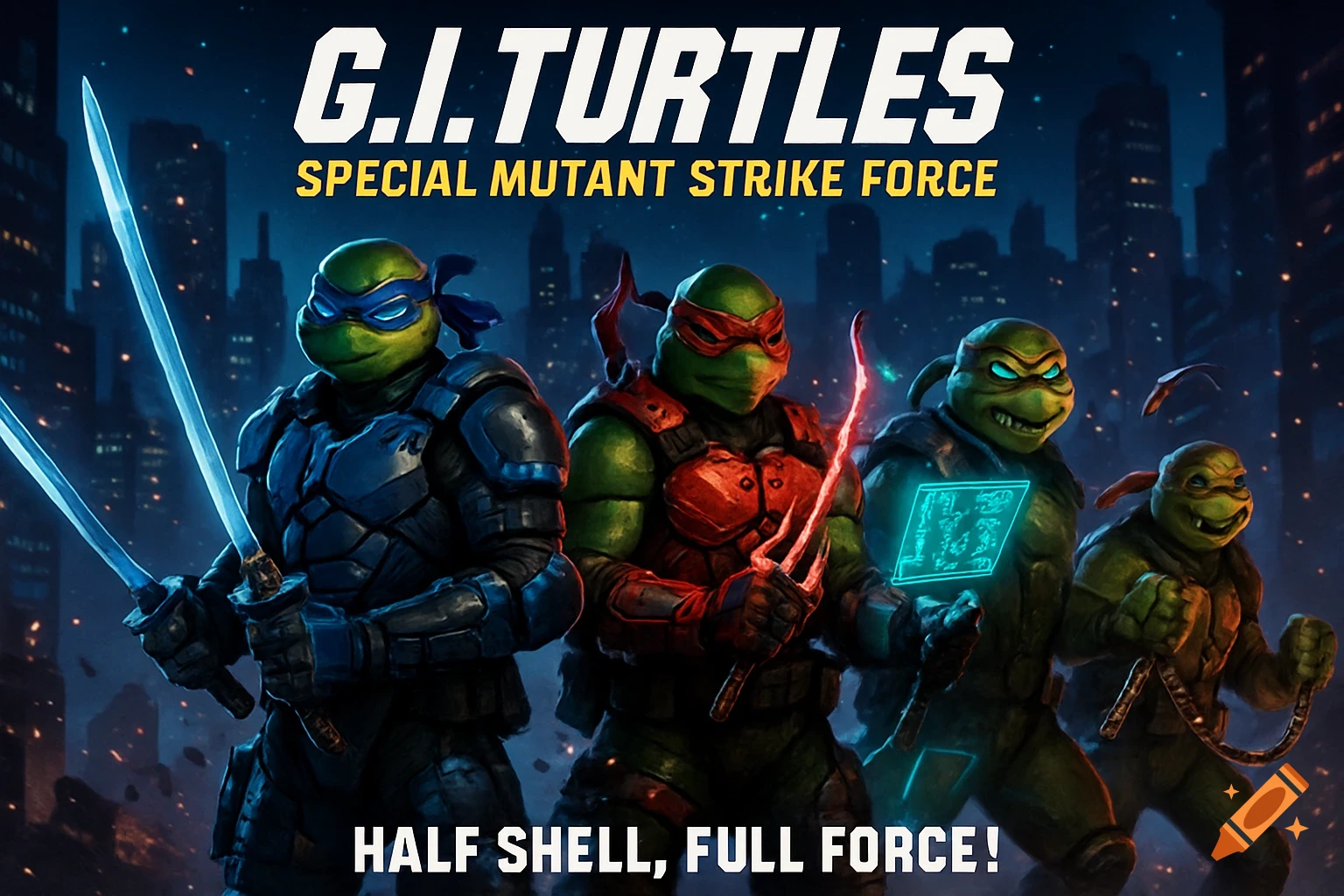 Four armored, anthropomorphic turtles with weapons stand in a dark, futuristic city, illuminated by glowing elements on their gear and weapons. Text reads "G.I. TURTLES: SPECIAL MUTANT STRIKE FORCE" and "HALF SHELL, FULL FORCE!".