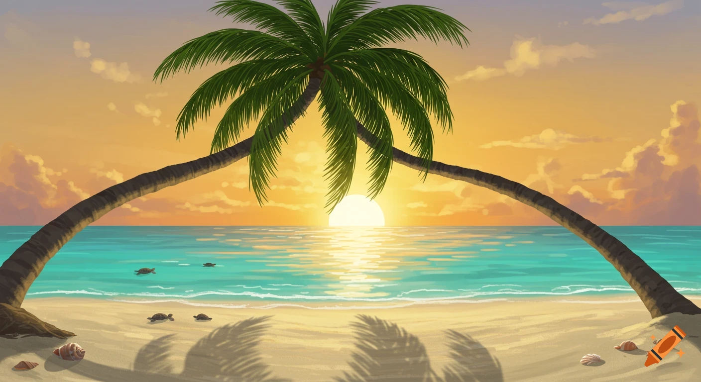 Cartoon tropical beach sunset with two palm trees framing a calm ocean, sandy shore, and small sea turtles.
