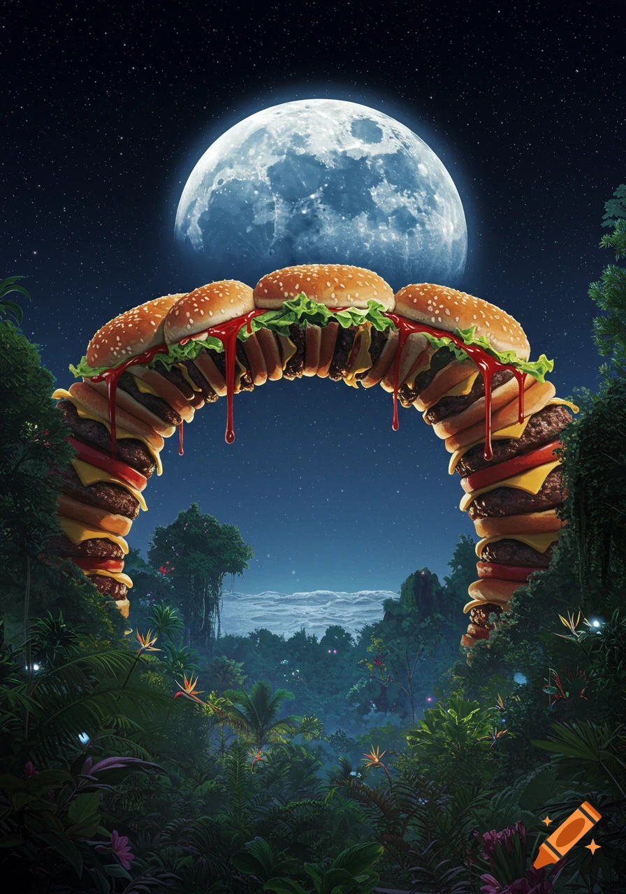 A fantastical bridge made of hamburgers arches over a jungle at night under a giant full moon.