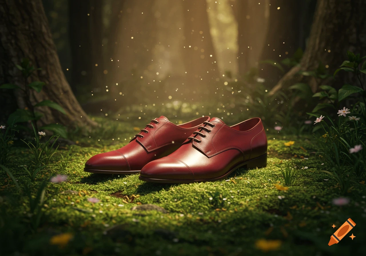 A pair of polished red-brown leather dress shoes resting on a mossy forest floor with golden light particles floating above.