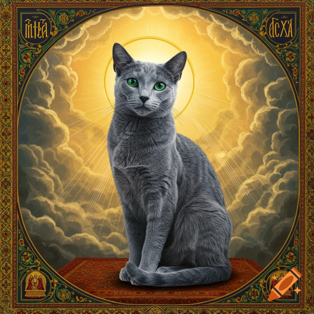 A gray Russian Blue cat with bright green eyes sits on a red patterned rug, depicted like a religious icon with a golden halo and a bright sky with clouds in the background, all framed by an ornate border.