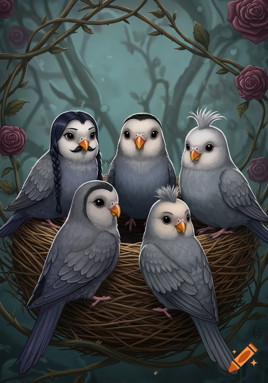 Five stylized grey lovebirds with character-like features in a nest adorned with thorny vines and dark red roses.