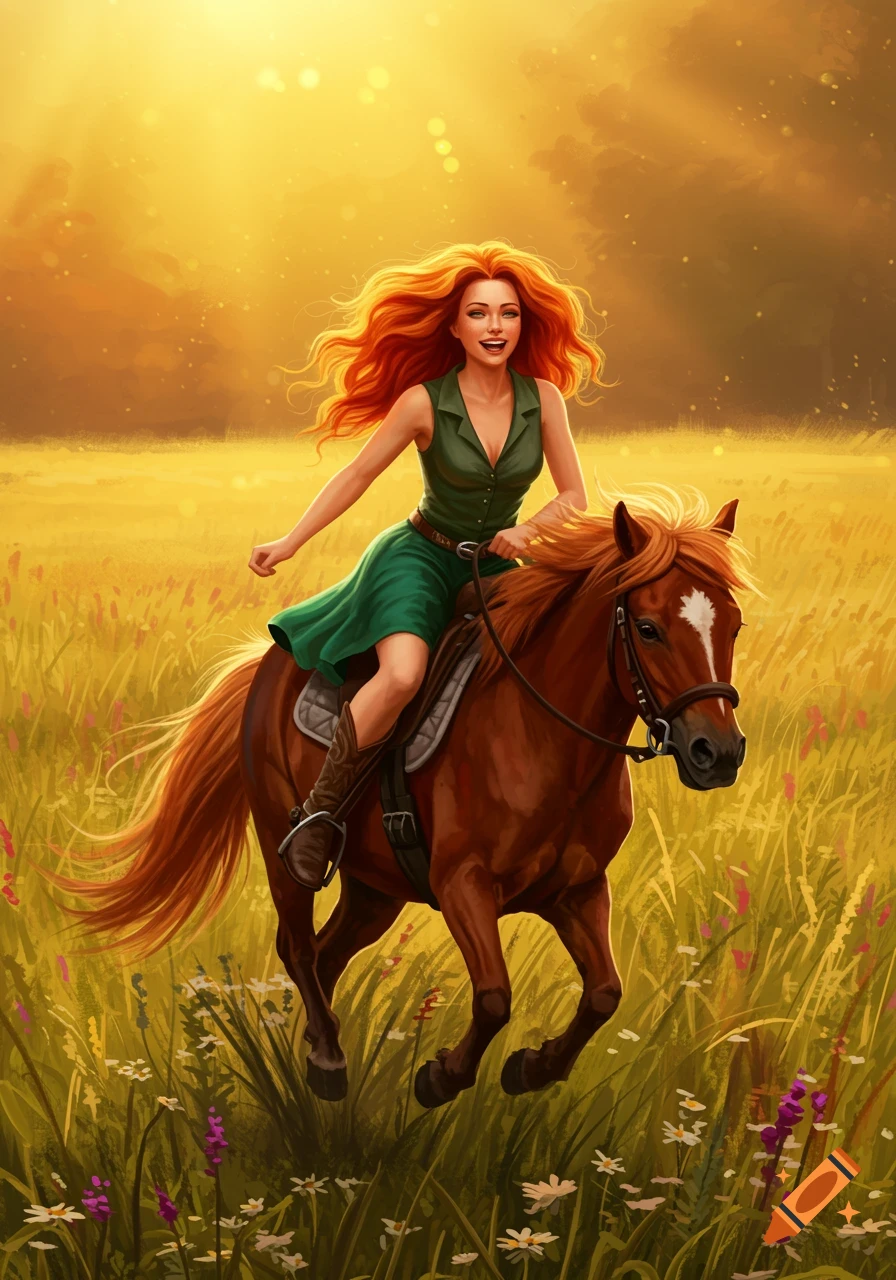 A vibrant digital illustration of a smiling woman with long red hair riding a brown horse through a golden field at sunset.