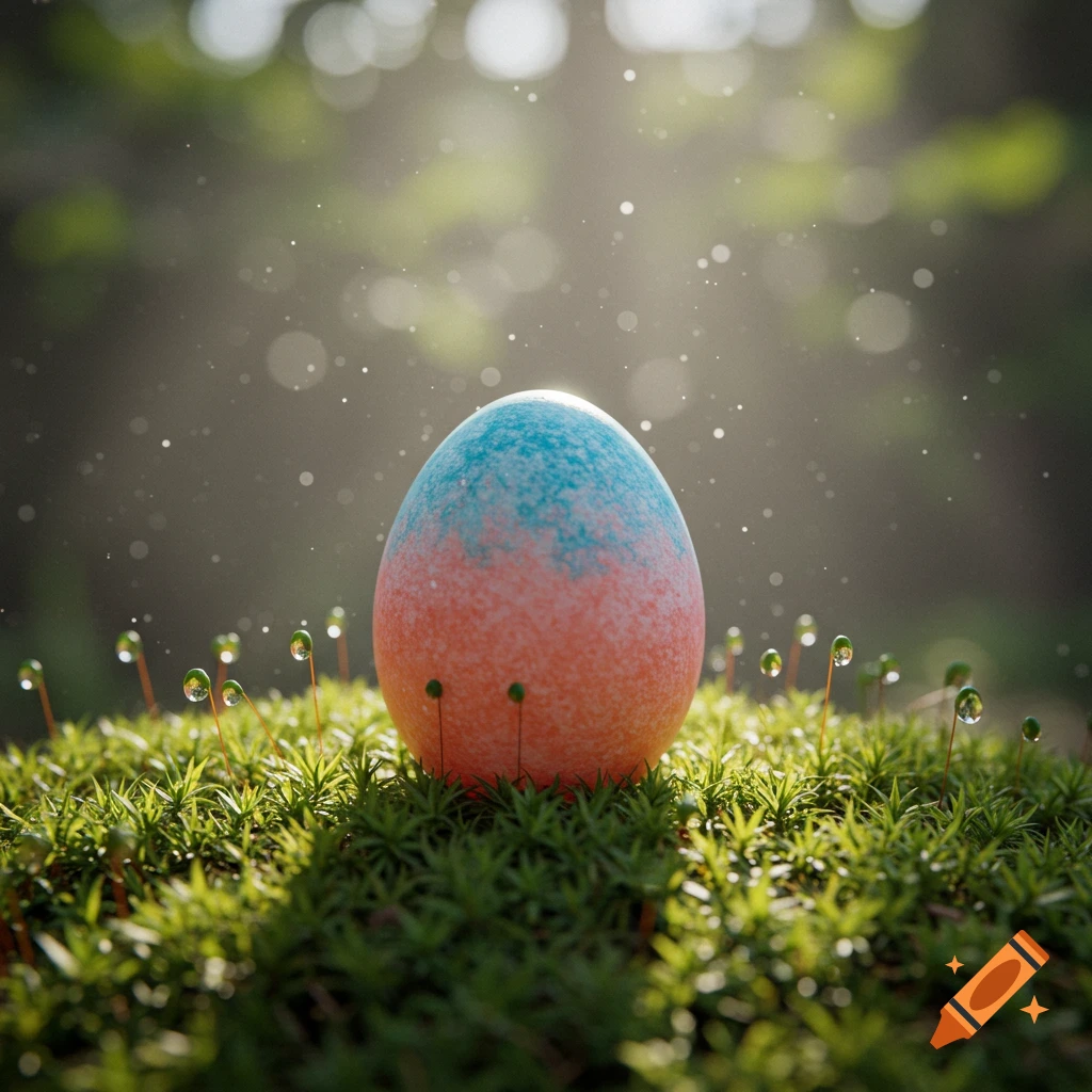A speckled blue and orange egg sits on vibrant green moss with water droplets, bathed in sunlit dust particles.