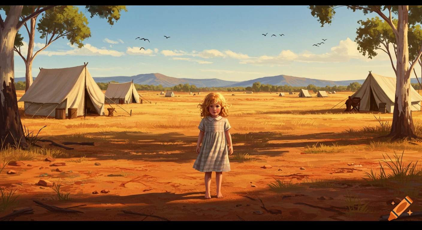 A young girl with curly blonde hair stands barefoot in a dry, open field surrounded by canvas tents and trees under a clear sky.