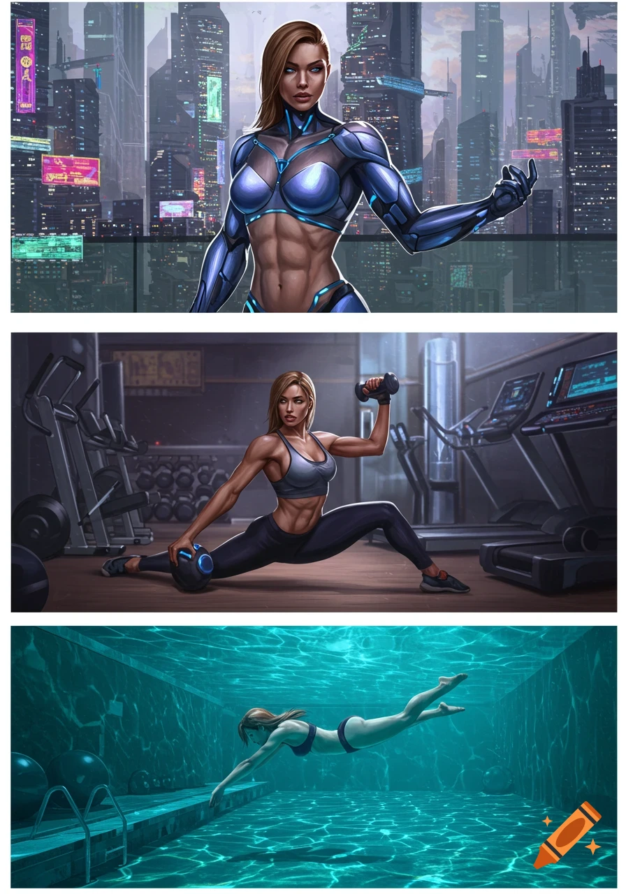 A triptych showing a muscular woman. Top: In futuristic armor in a city. Middle: Working out in a gym. Bottom: Swimming underwater.