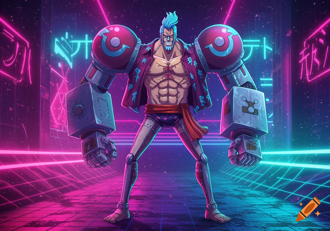 Muscular Franky from One Piece with robotic arms and a speedo stands in a neon pink and blue cyberpunk grid city in an 80s anime style.