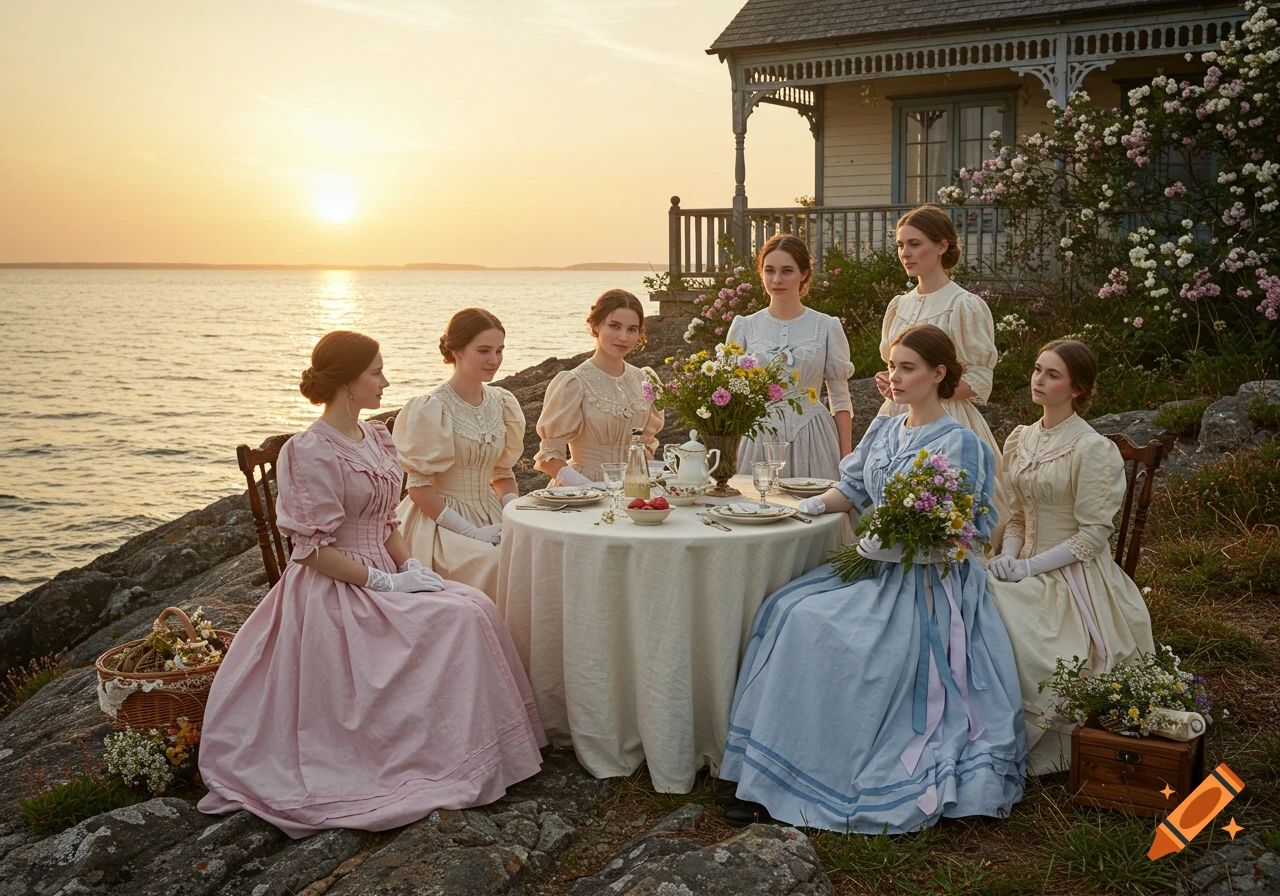 Six women in Victorian dresses gathered around a table by the ocean at sunset, with a cottage in the background.
