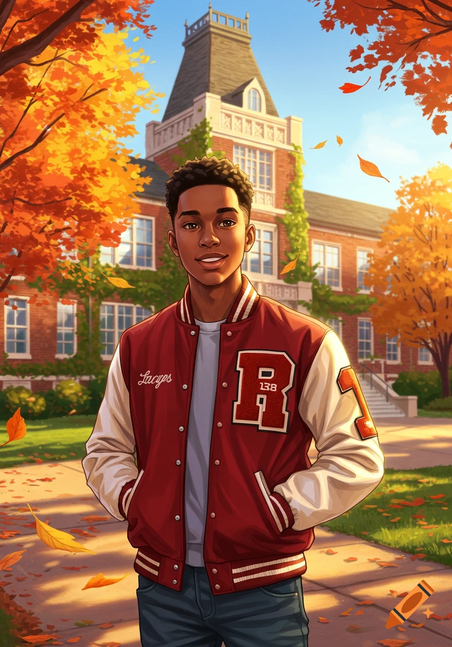 A young Black male in a red and white letterman jacket smiles in front of a brick high school building on a sunny autumn day.