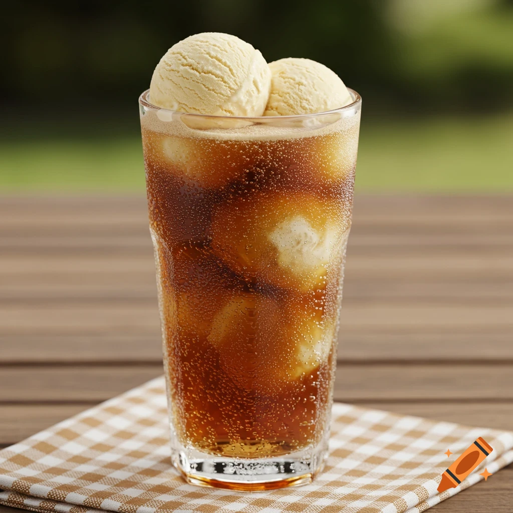 A glass of root beer with two scoops of vanilla ice cream on a checkered napkin on a wooden table.