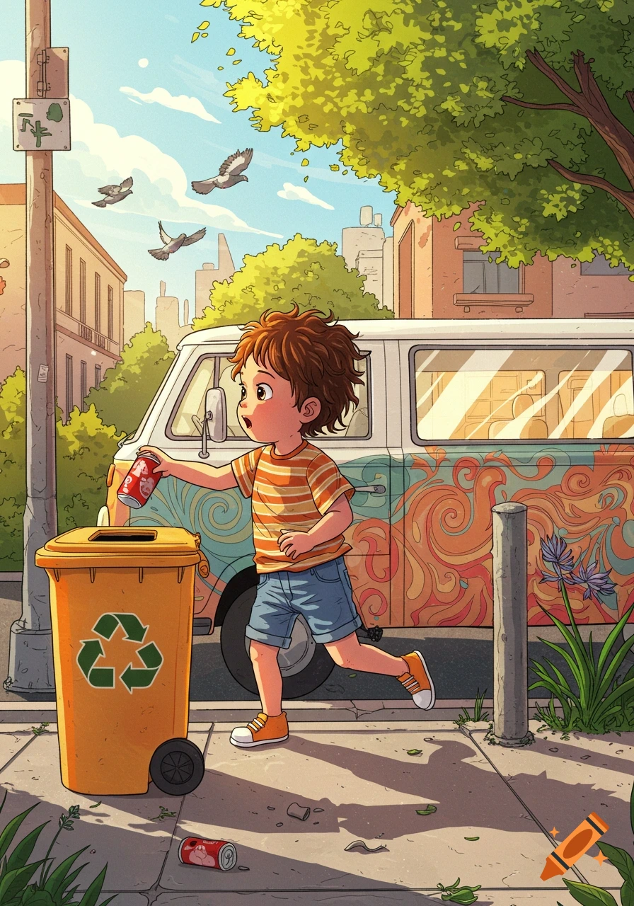 A cartoon boy with curly brown hair throws a red can into a yellow recycling bin on a sunny street, with a colorful van behind him and birds flying overhead.