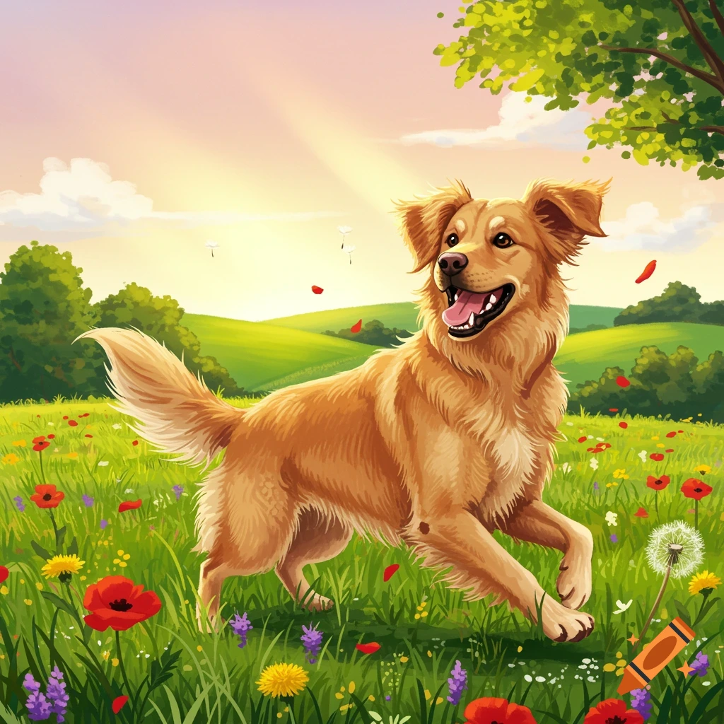 An illustration of a happy golden retriever running through a vibrant field of wildflowers under a sunny sky.
